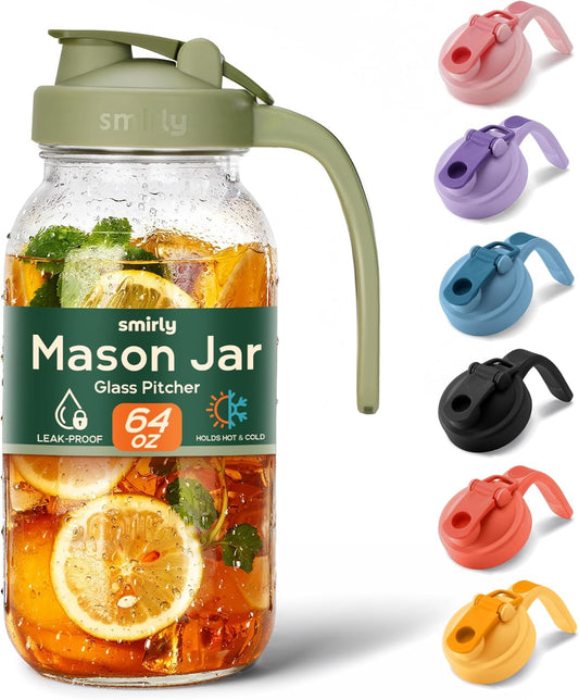 SMIRLY 64 oz Mason Jar Pitcher,Glass Pitcher with Wide Mouth,Water Jug with Double Leak Proof Lid for Iced Coffee,Hot Water,Breast Milk