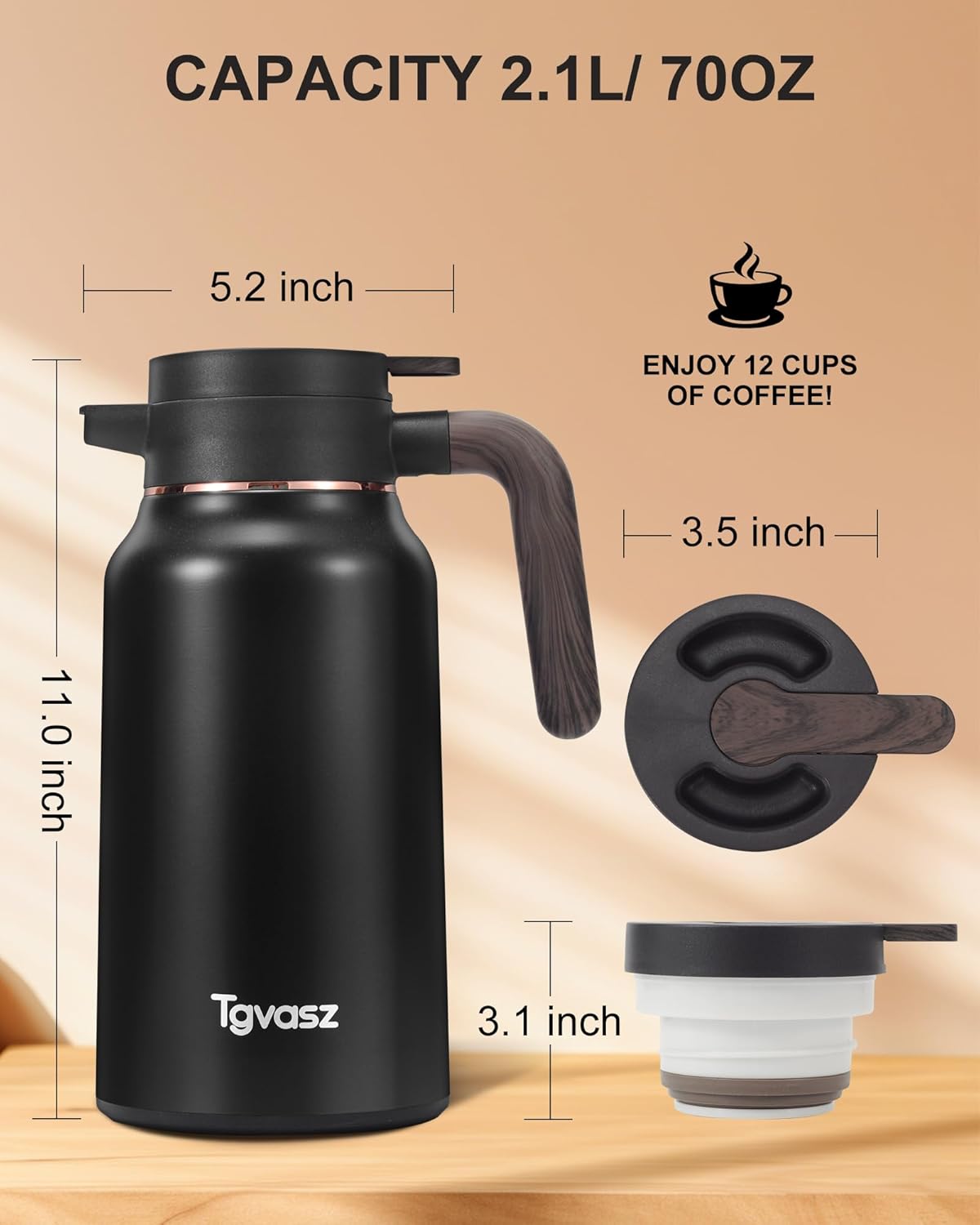 2 PCS Thermal Coffee Carafe 70 oz - 36 Hour Stainless Steel Carafes for Hot Liquids-Insulated Coffee Carafes For Keeping Hot/Cold Coffee, Tea, (Black+Gold)