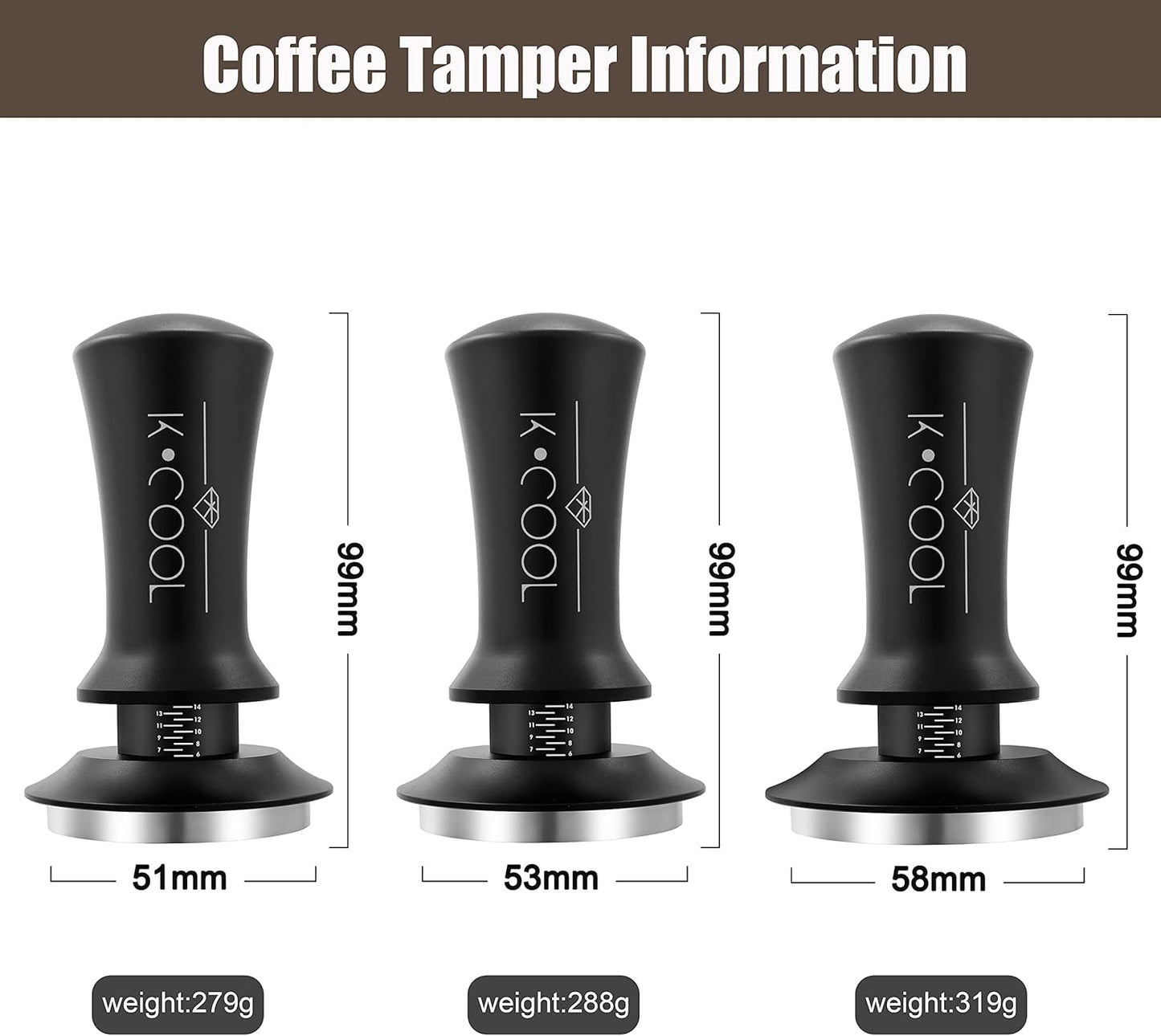 K COO Espresso Tamper, Premium Barista Tools Coffee Tamper with Calibrated Spring 30lb, 100% Stainless Steel Flat Base Tamper with Scale Mark Fits for Breville 54mm Portafilter Basket (53mm, Black)