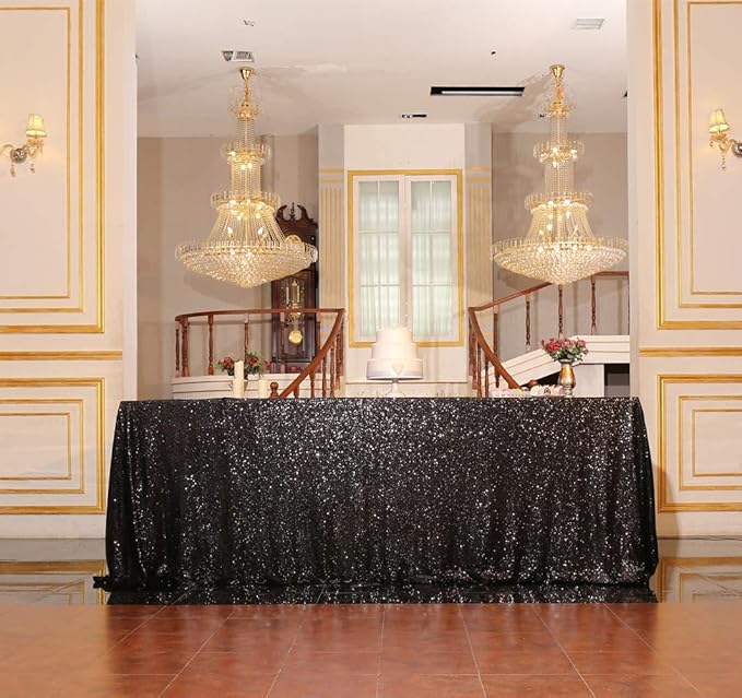 SquarePie Sequin Tablecloth 90 x 156 Inch Black Sparkly Table Linen for Wedding Halloween Party