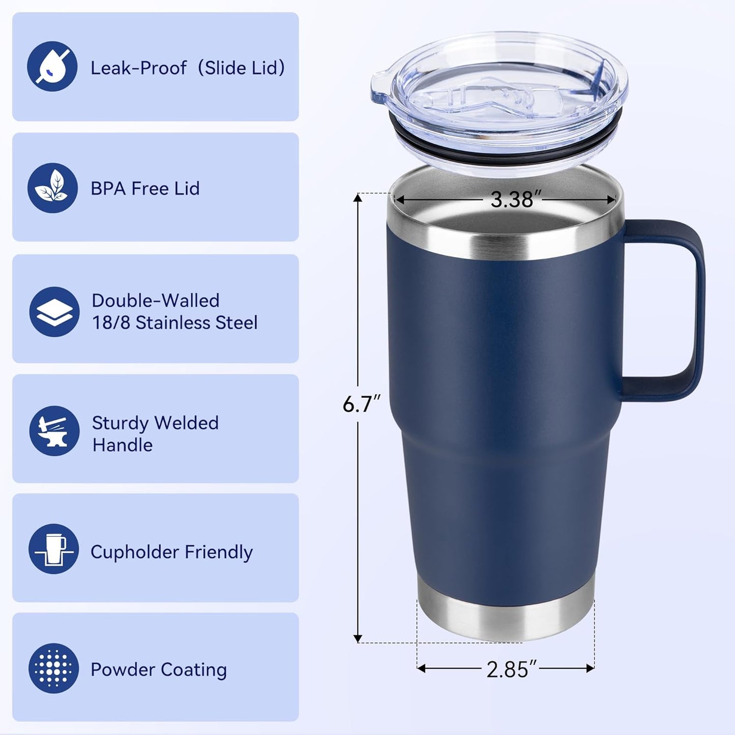 HASLE OUTFITTERS 20oz Tumbler Bulk with Lid, Stainless Steel Tumbler Bulk with Handle, Metal Insulated Travel Coffee Mug Set with Handle, Double Wall Vacuum Leak Proof Tumbler Cup, Navy 12 Pack