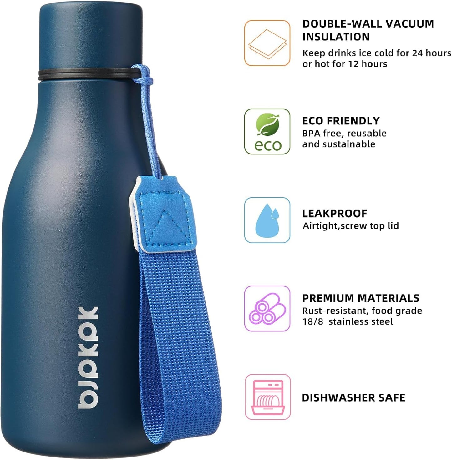 BJPKPK Insulated Water Bottles, 12oz Stainless Steel Metal Water Bottle with Strap, BPA Free Leak Proof Thermos, Mugs, Flasks, Reusable Water Bottle for Sports & Travel, Navy Blue