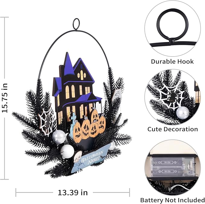 Lighted Halloween Wreaths for Front Door, Welcome Metal Wooden Door Wreath Decor Hanging Sign, 30 LED Lighted Wall Decor Battery Operated for Halloween Indoor Outdoor (Pumpkin)