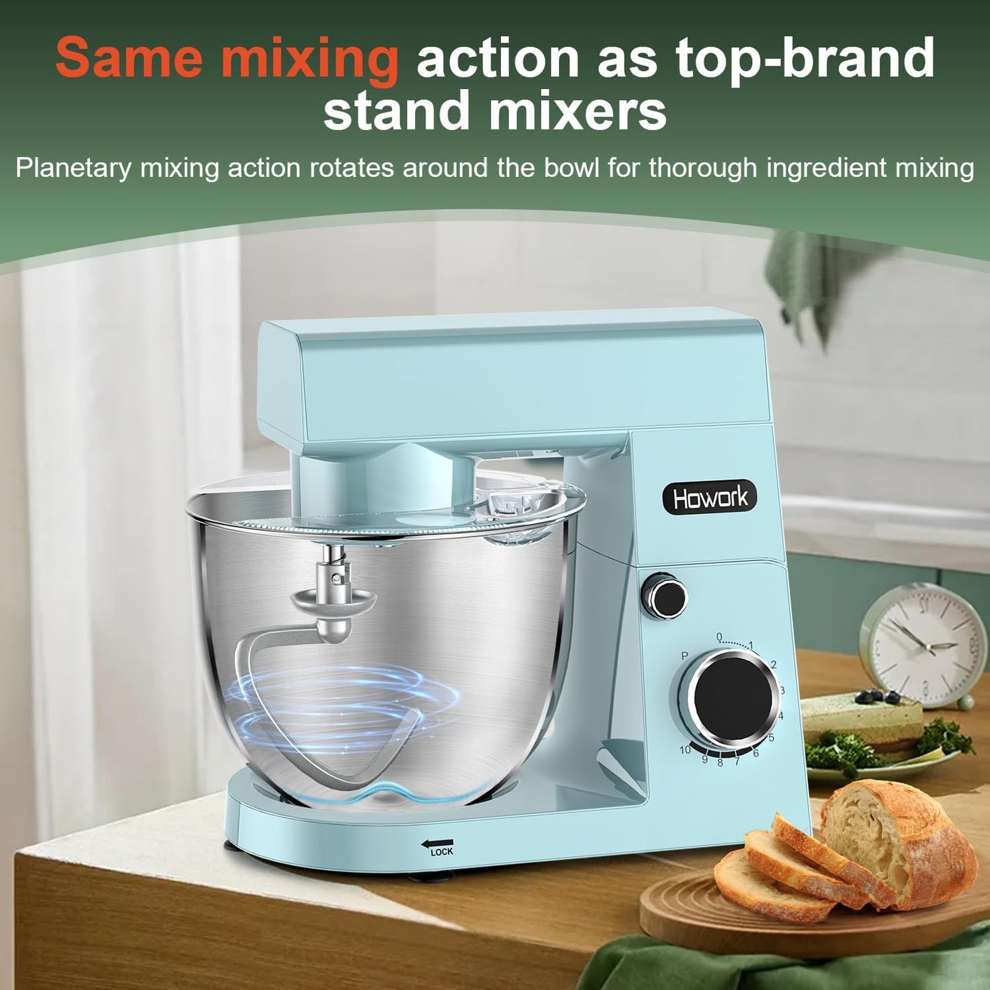 HOWORK Stand Mixer,10+p Speeds With 5.5QT Stainless Steel Bowl,Dough Hook, Wire Whip & Beater,for Most Home Cooks,Blue