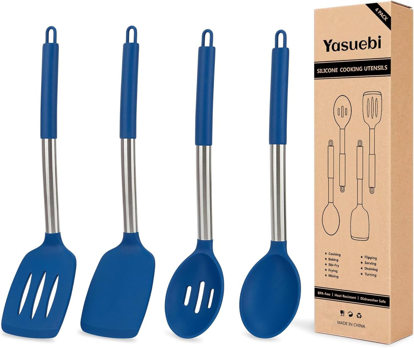 Kitchen Utensils Set of 4 Pack,Silicone Cooking Utensils Set for Nonstick Cookware,Perfect for Baking and Mixing,Spatula Set BPA Free,Dishwasher Safe,Blue