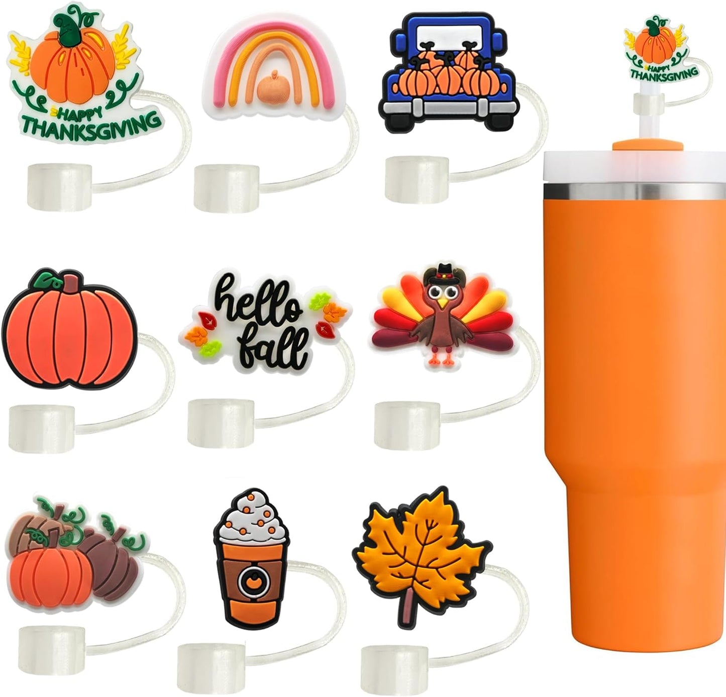 9pcs Fall Toppers for Stanley Cup - Thanksgiving Autumn Straw Covers 10mm Drinking Tip Covers for Stanley Cup Accessories