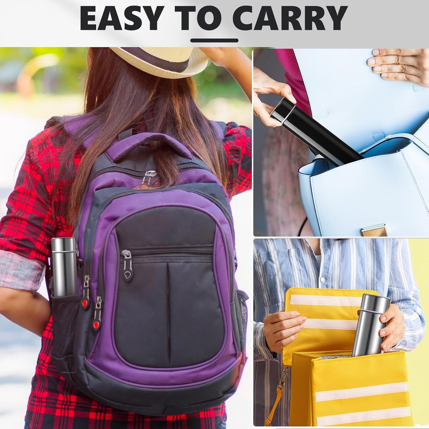 Vesici Slim Water Bottle 8.8 oz Small Stainless Steel Purse Compact Insulated Water Bottles Camping Travel Backpack Pocket Flask for Car Cold Coffee Tea(Silver, Black,2 Pack)