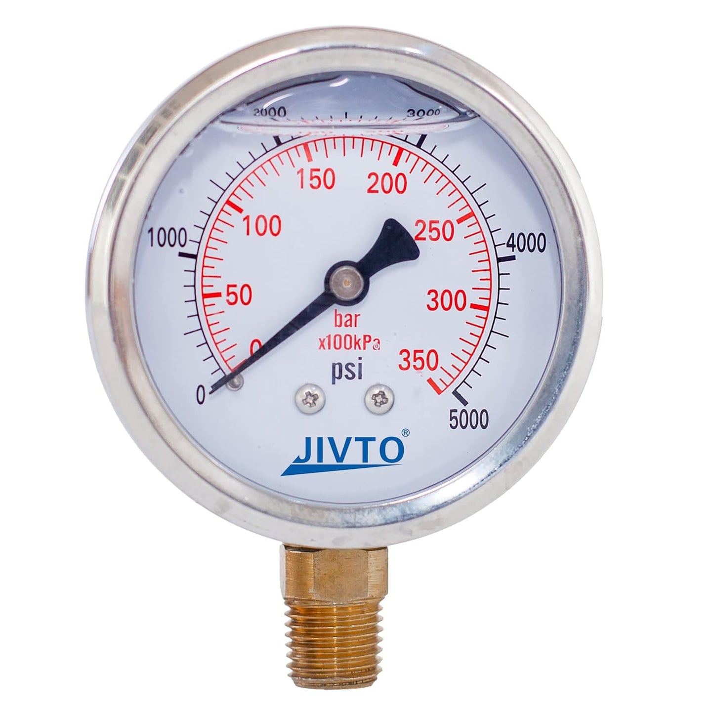 Pressure Gauge,Glycerin Liquid Filled,2.5" Dual Scale Dia,0-5000 psi/bar/kpa,1/4" NPT Male Brass Connection,Lower Mount, Stainless Steel Case,for Pneumatic,Pump,Hose,Well Tank,Gas Air Water Oil