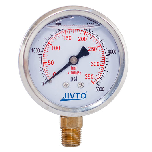 Pressure Gauge,Glycerin Liquid Filled,2.5" Dual Scale Dia,0-5000 psi/bar/kpa,1/4" NPT Male Brass Connection,Lower Mount, Stainless Steel Case,for Pneumatic,Pump,Hose,Well Tank,Gas Air Water Oil