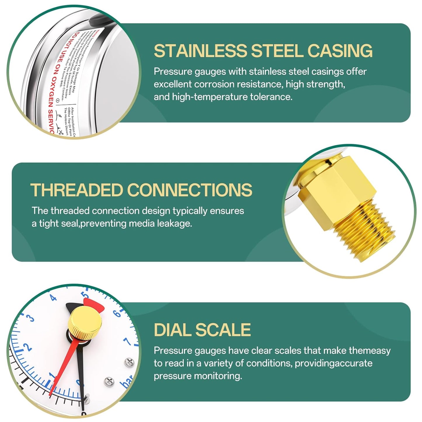 0-100PSI Stainless Steel with Reset Pointer Liquid Filled Pressure Gauge, 2.5" Dial Size, 1/4" NPT Lower Mount, for Tube, Water Pump, Gas, Liquid, Pressure Test