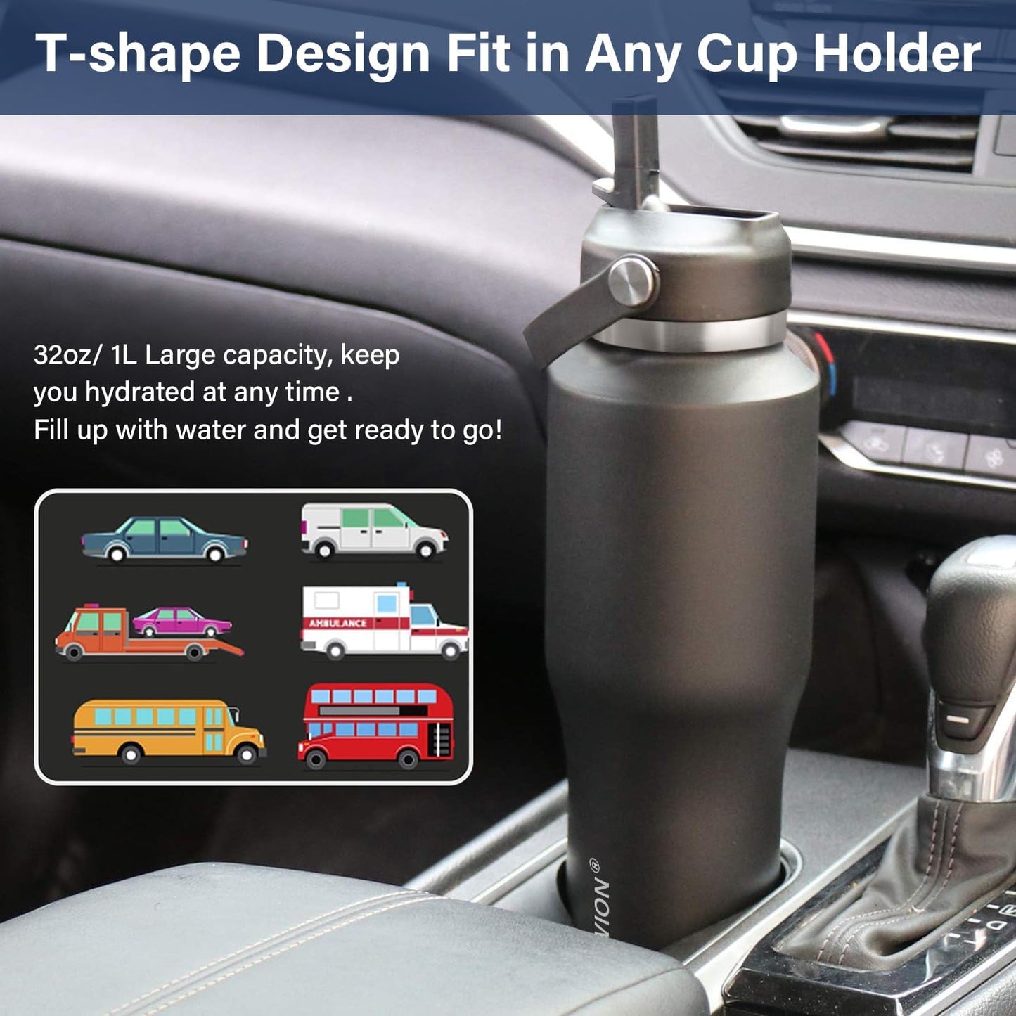 40 oz Insulated Water Bottle with Straw fit in Car Cup Holder(Cold 48 hrs, Hot 24 hrs) Drinking Bottle with Straw Lid, Spout Lid and Flex Cap Leakproof Travel Thermo Mug，Olive