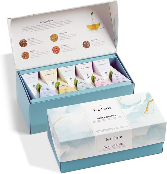 Tea Forte Wellbeing Assorted Presentation Box Tea Gift Set, 20 Count, 2 of Each Variety Individually Wrapped Handcrafted Pyramid Infuser Bags