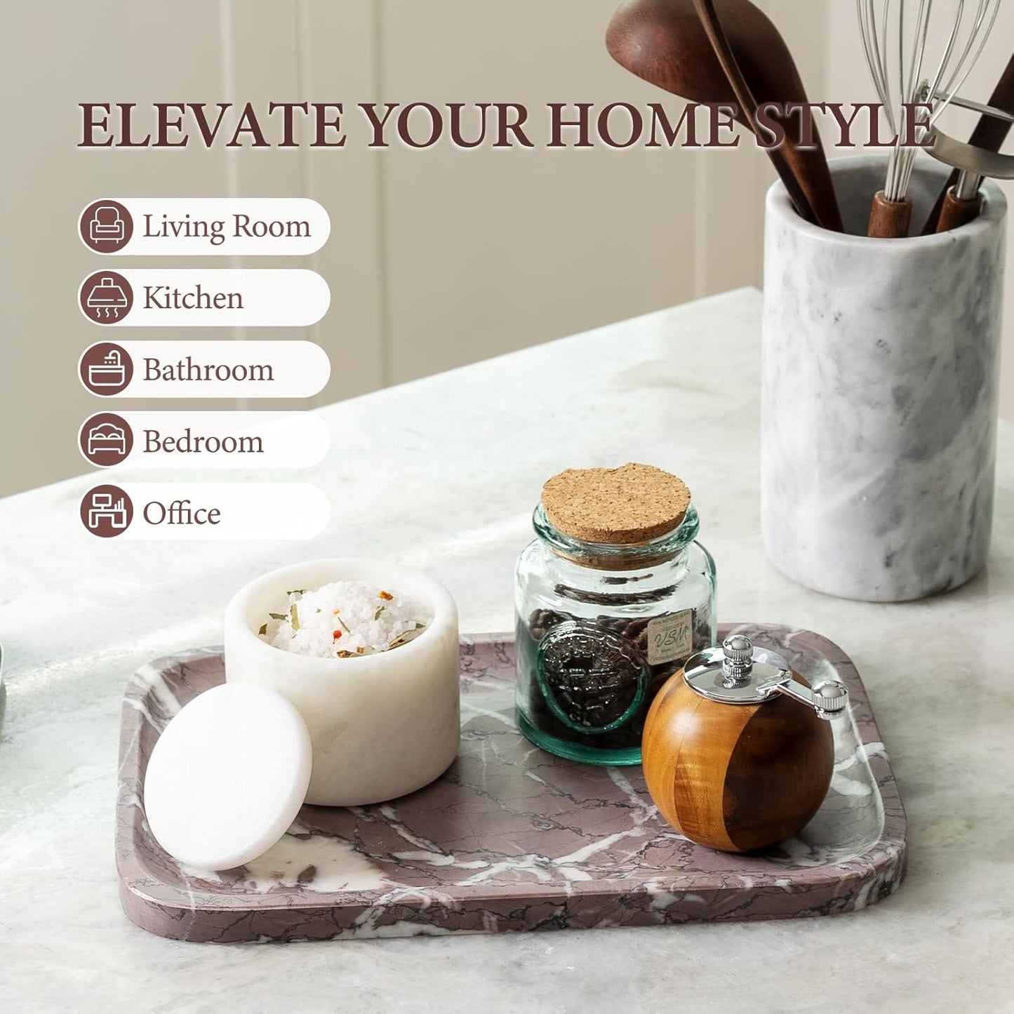 Koville Marble Tray, 12"x8" Marble Vanity Tray for Bathroom Kitchen Countertop, Rectangular Stone Tray for Cosmetics Perfume Trinket, Decorative Catchall Trays (Lilac)