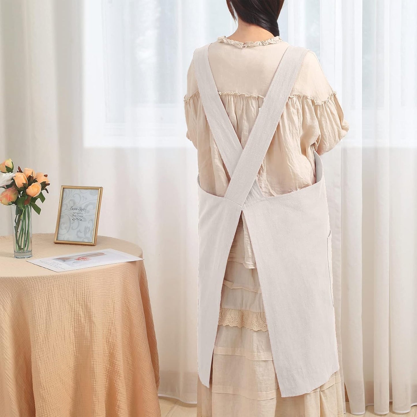 Soft Cotton Linen Apron for Women - Non-tie Cross Back Apron with Pockets, Great for Florist and Kitchen