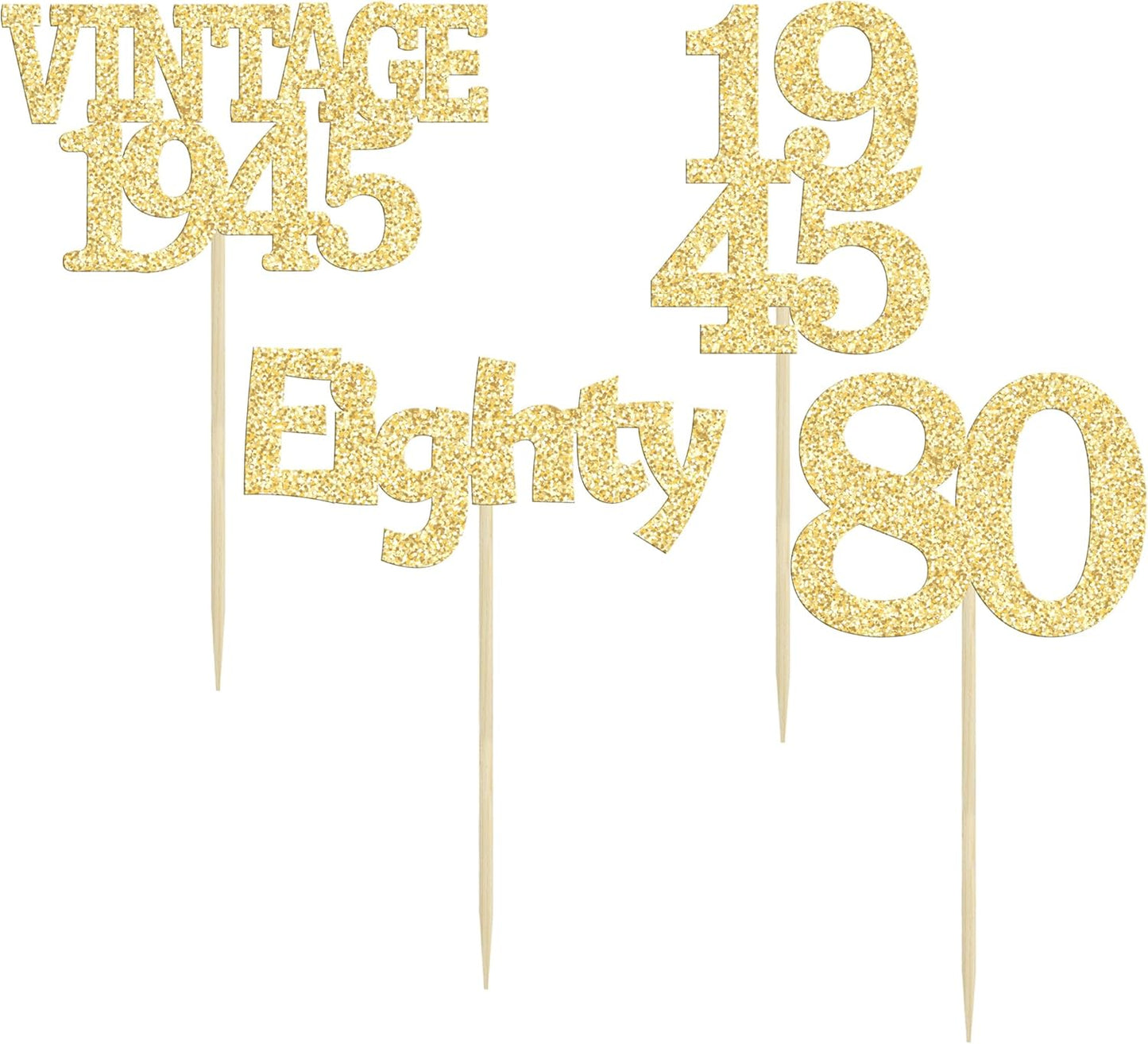 Gyufise 24Pcs 80th Birthday Cupcake Toppers Glitter Cheers to 80 Fabulous Eighty Vintage 1945 Cupcake Picks 80th Birthday Wedding Anniversary Party Cake Decorations Supplies Gold
