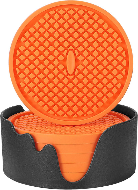 ME.FAN Silicone Coasters [6 Pack] Thickened Drink Coasters with Holder - Cup Mat - Non-Slip, Non-stick, Stay Put, Deep Tray - Prevents Furniture and Tabletop Damages(Orange)