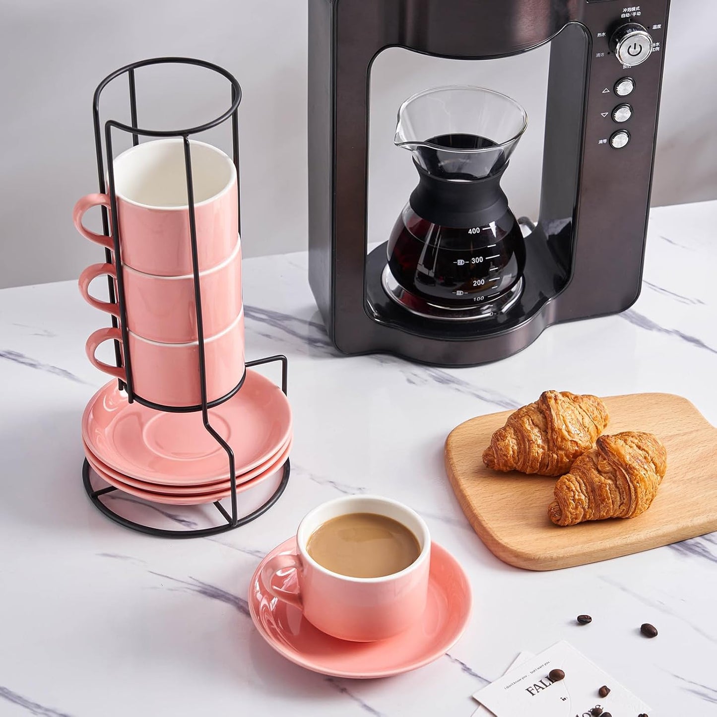 YOLIFE 8oz Porcelain Stackable Cappuccino Cups with Saucers and Metal Stand Set of 4, Coffee cups for Espresso, Specialty Coffee Drinks, Latte, Americano and Tea - Pink
