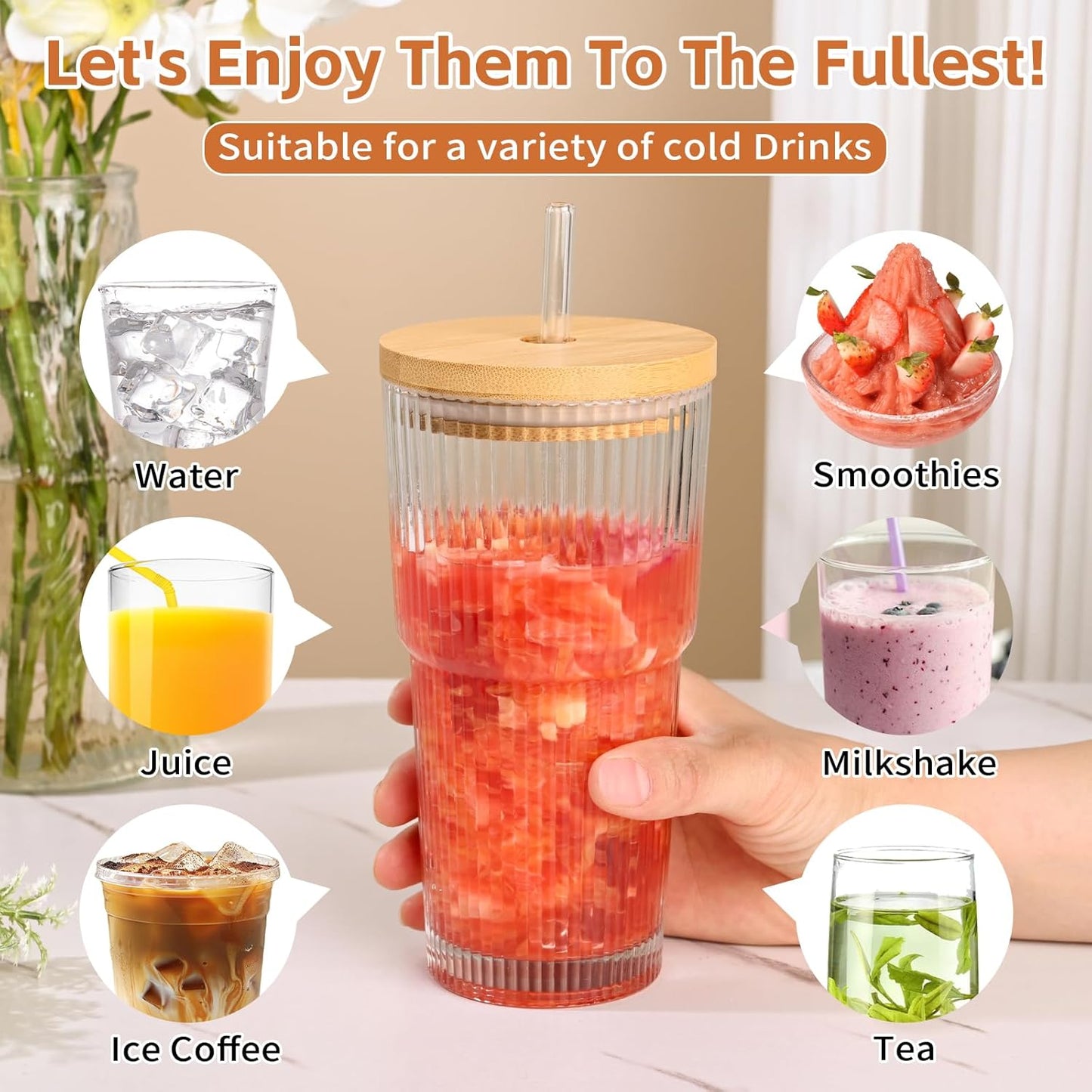 20oz Glass Cups with Lids and Straws,1PCS Ribbed Glass Coffee Cups,Iced Coffee Cups with Lid,Vintage Bamboo Tumbler for Juice,Smoothies