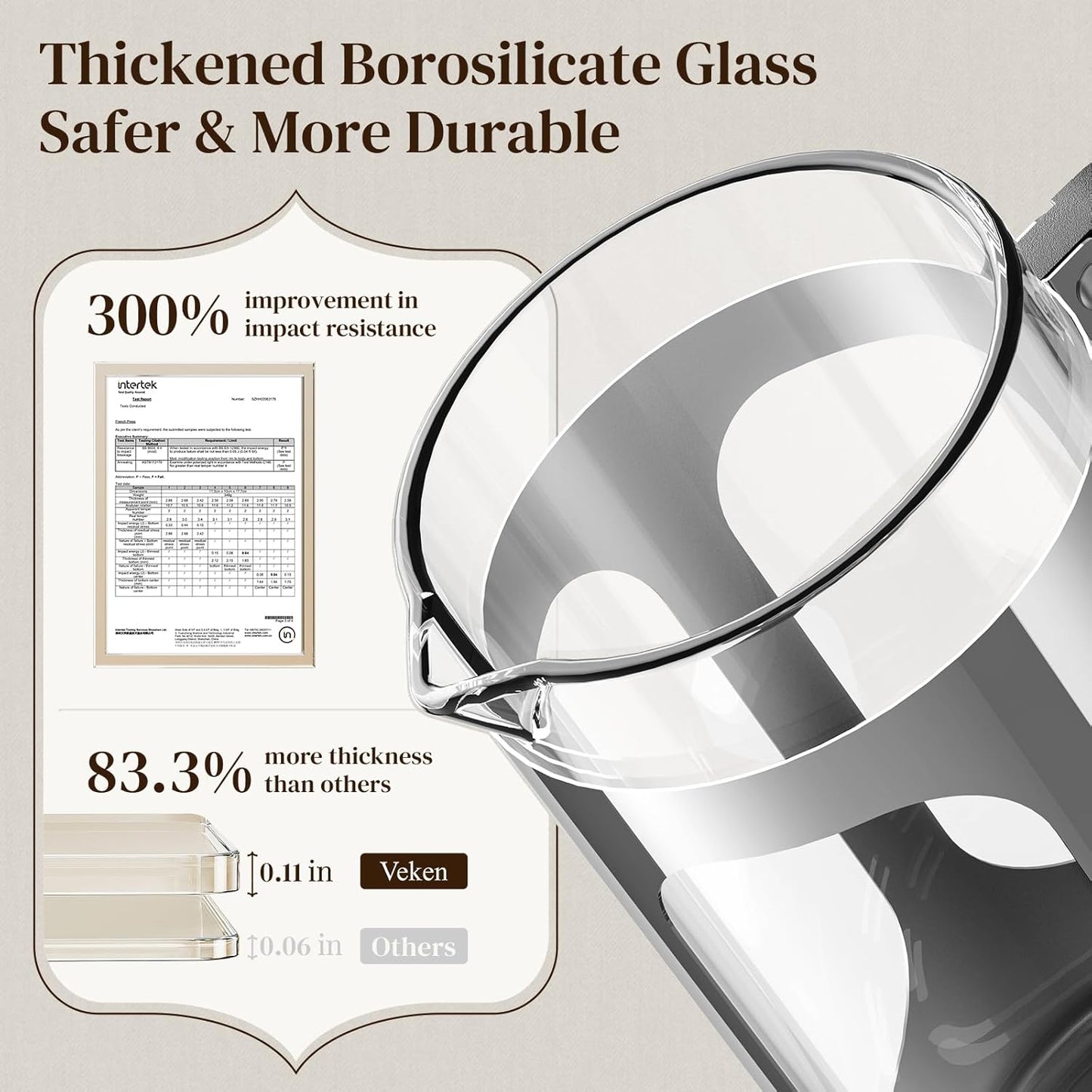 Veken French Press Coffee Maker 34oz 1 L, No Plastic Touching Cafe, Heat Resistant Thickened Borosilicate Glass, Stainless Steel Brewer, Cold Brew Cafetera Teapot for Kitchen Travel Camping, Silver