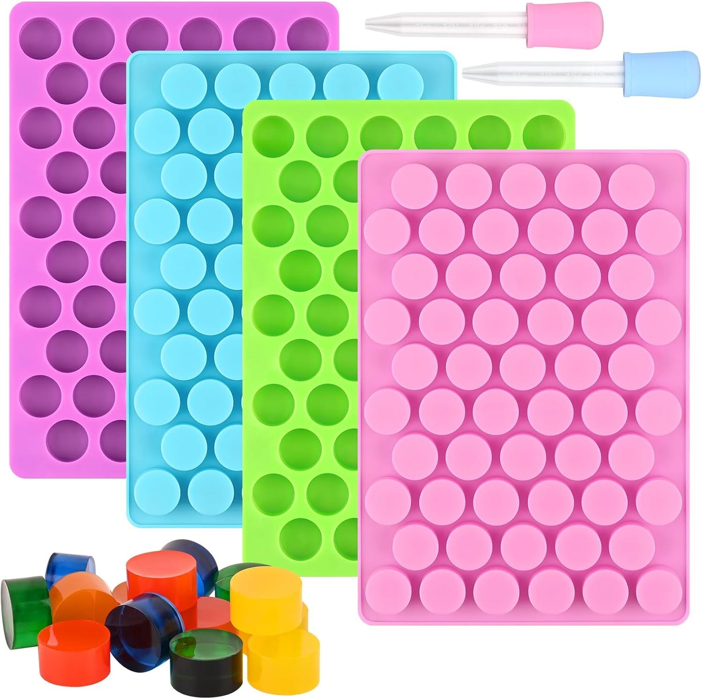 Sakolla Round Candy Molds Silicone, 220 Cavities Mini Cylinder Molds for Chocolate, Hard Candy, Gummy, Ganache, Ice Cubes, Set of 4 with 2 Droppers