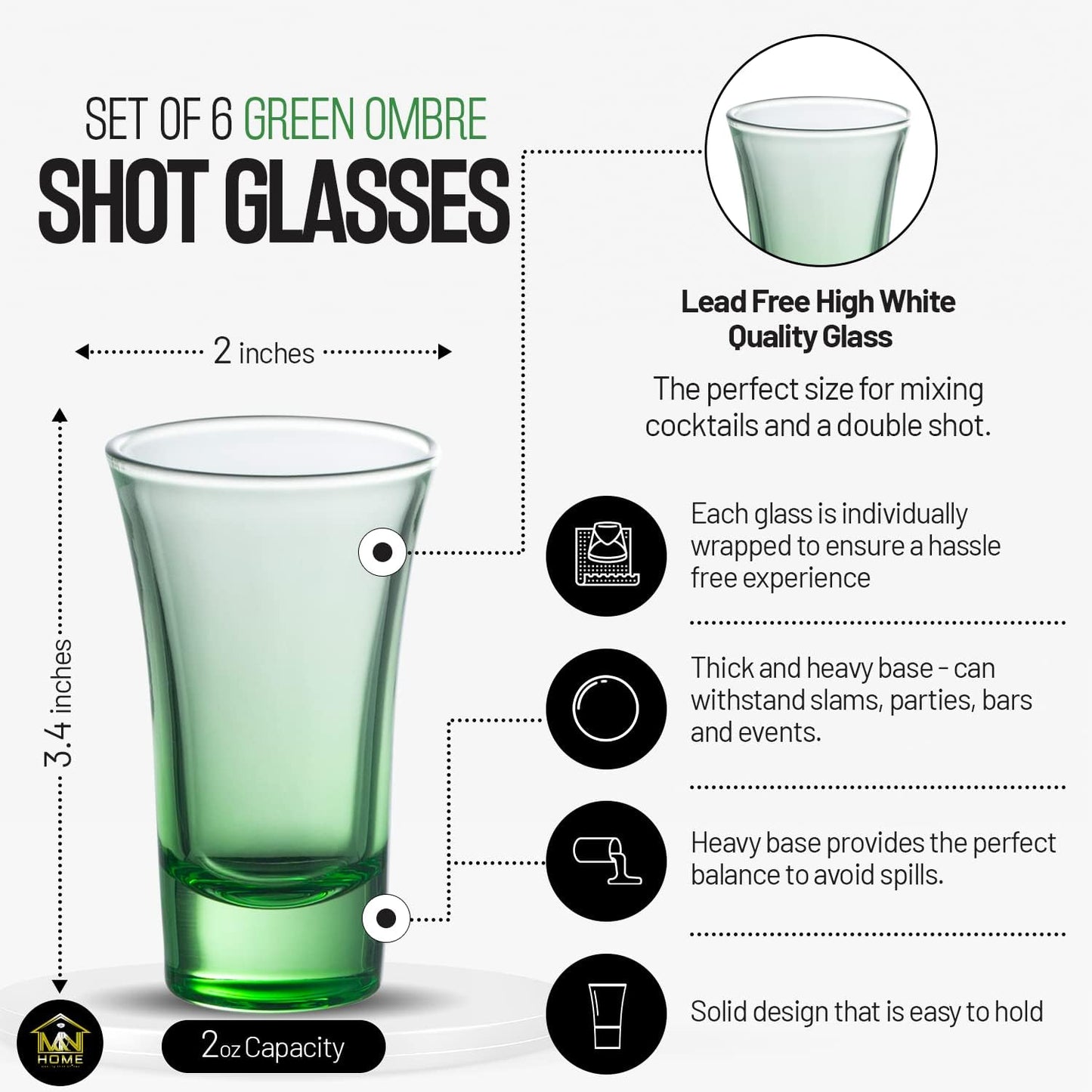 M&N HOME Ombre Green Shot Glass Set, 2 Oz Set of 6 Colored Shot Glasses, Whiskey Glasses, Tequila Shot Glasses, Cocktail Glasses, Round Shot Glasses for Vodka, Spirits & Liquor (Gradient Green Set)