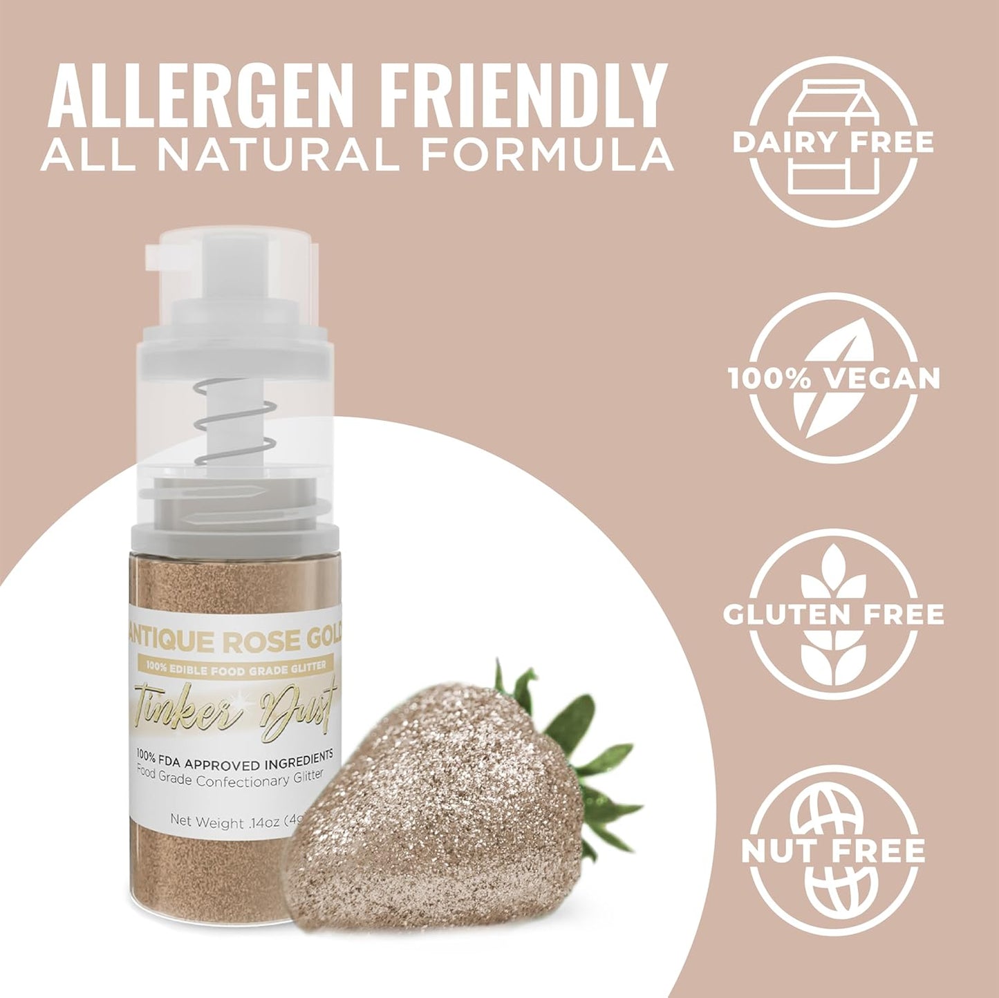 Bakell - Antique Rose Gold Tinker Dust (4g, 1x Mini Spray Pump) Edible Glitter for Food, Desserts, and Beverages!