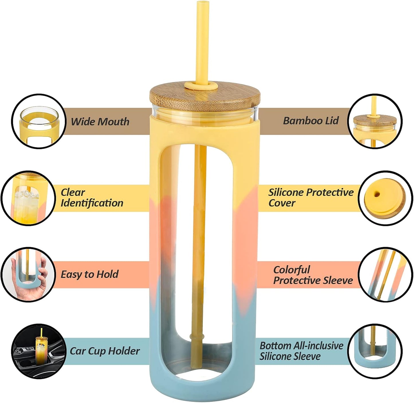 Kodrine 20oz Glass Tumbler with Straw and Lid, Iced Coffee Cups with Bamboo Lids, Glass Cups for Cold Drinks, Smoothie Cup with Silicone Sleeve for Travel, Work, BPA FREE-Red Yellow