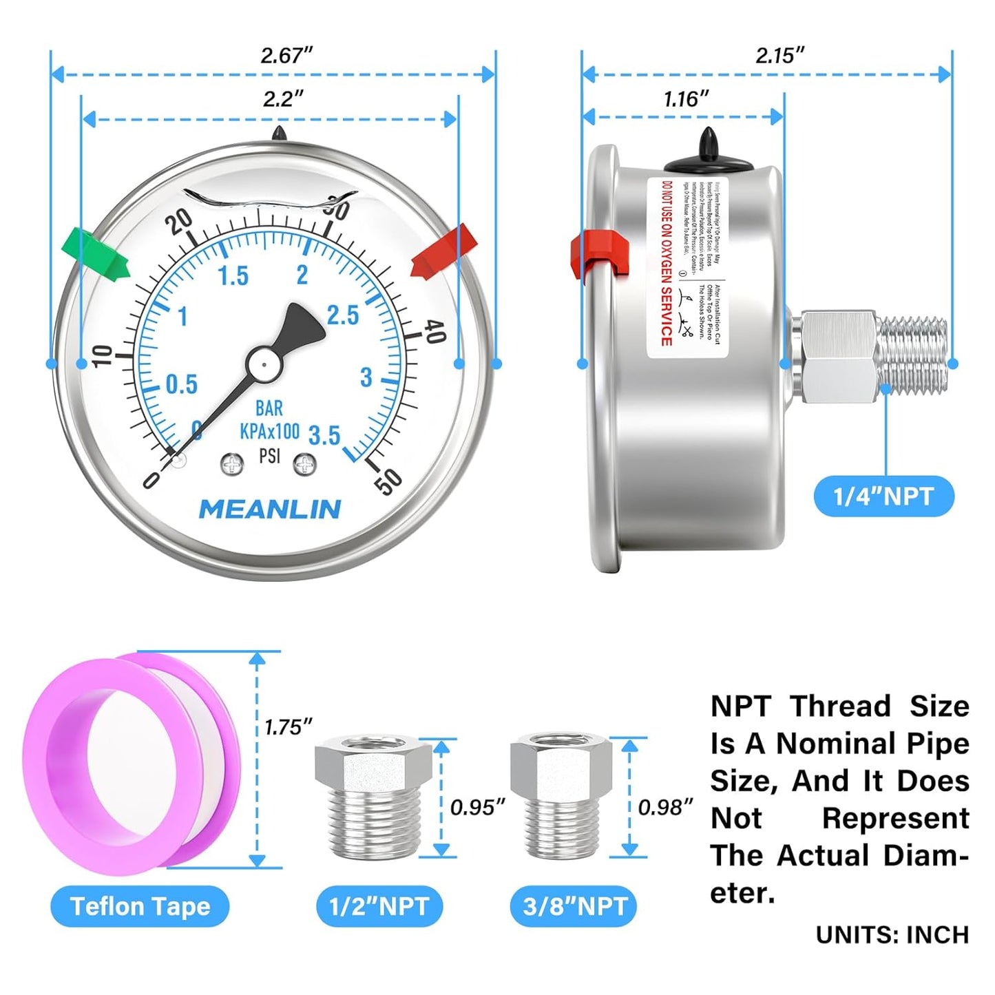 MEANLIN MEASURE 0~50Psi Stainless Steel Liquid Filled Pressure Gauge 2.5" FACE DIAL 1/4" NPT for Pool Sand Filter Water Oil Air Pressure Test Back Mount with Stainless Steel Hex Bushing and Snaps