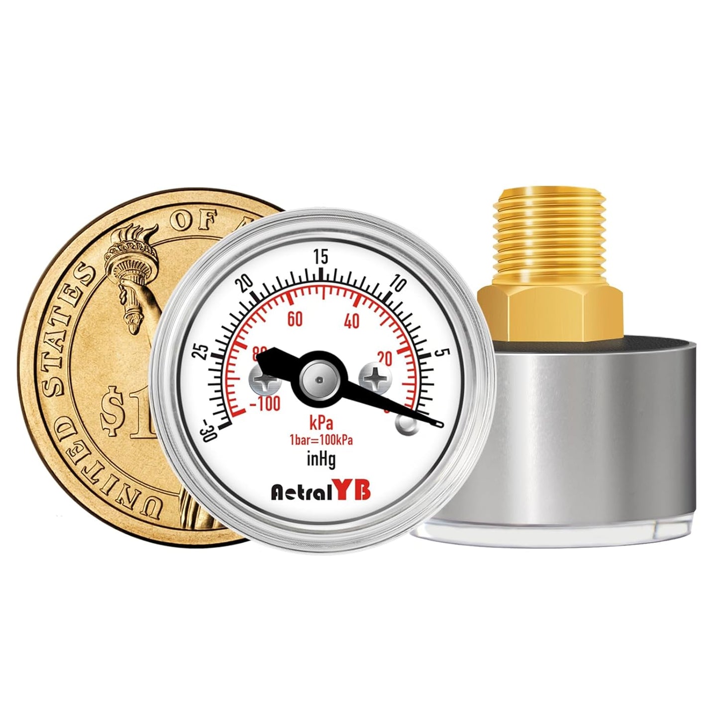 1inch Vacuum Pressure Gauge, 30Inhg-0/-100Kpa-0,1" Dial, 1/8 NPT Back Mount, 304 Stainless Steel Case, Brass Internal, for Vacuum Test