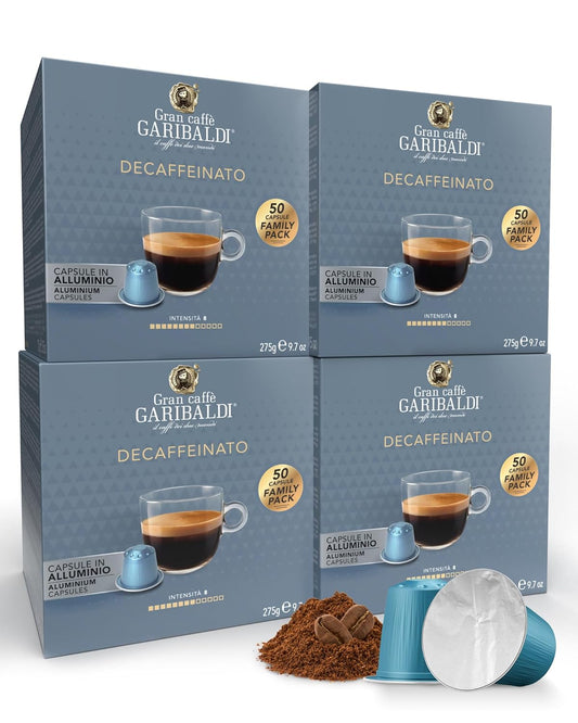 Gran Caffè Garibaldi Decaffeinated Espresso Pods, Italian Roasted Coffee, Decaf Capsules Compatible with Nespresso Original Line Machines, Nitrogen Flushed Intense & Rich Aroma - Decaffeinato (Aluminum) 200 Cups