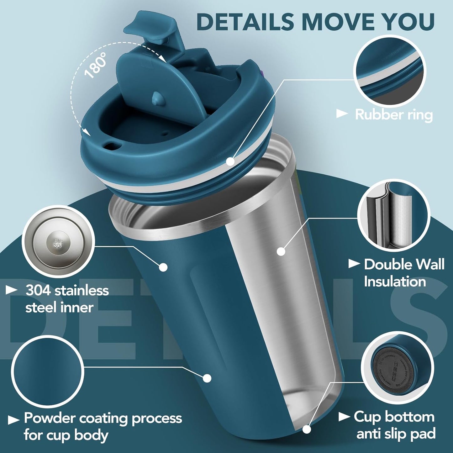 Volhoply 12 oz Double Wall Insulated Vacuum Travel Coffee Mug with Flip Lid Bulk 4 Pack,Reusable Stainless Steel Leak Proof Coffee Cups,Portable Cafe Thermal Tumbler for Hot & Cold Drinks(Bule,4 Set)