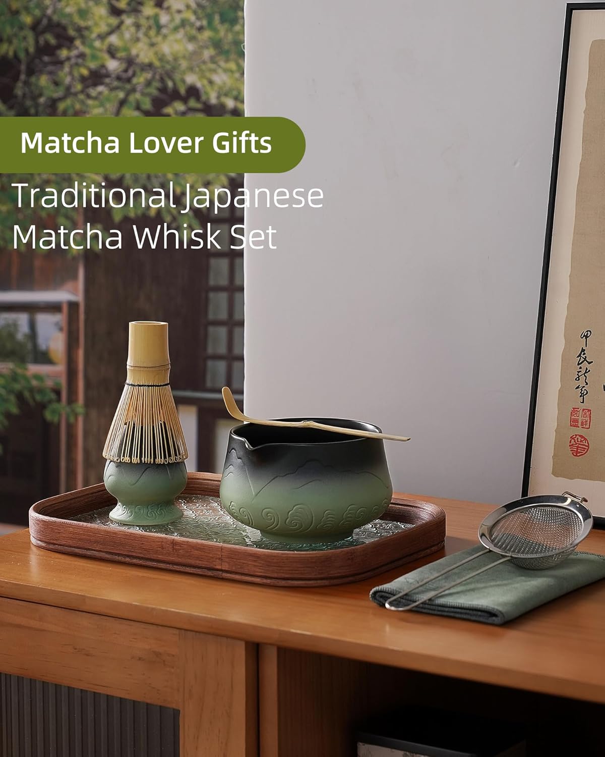 ZENS Matcha Whisk Set, 7pcs Matcha Kit Set with Ceramic Bowl and Matcha Cup, Bamboo Whisk & (Chasen Holder) Sifter, Scoop -Tea Towel, Japanese Chawan for Matcha-Making, Sage Green