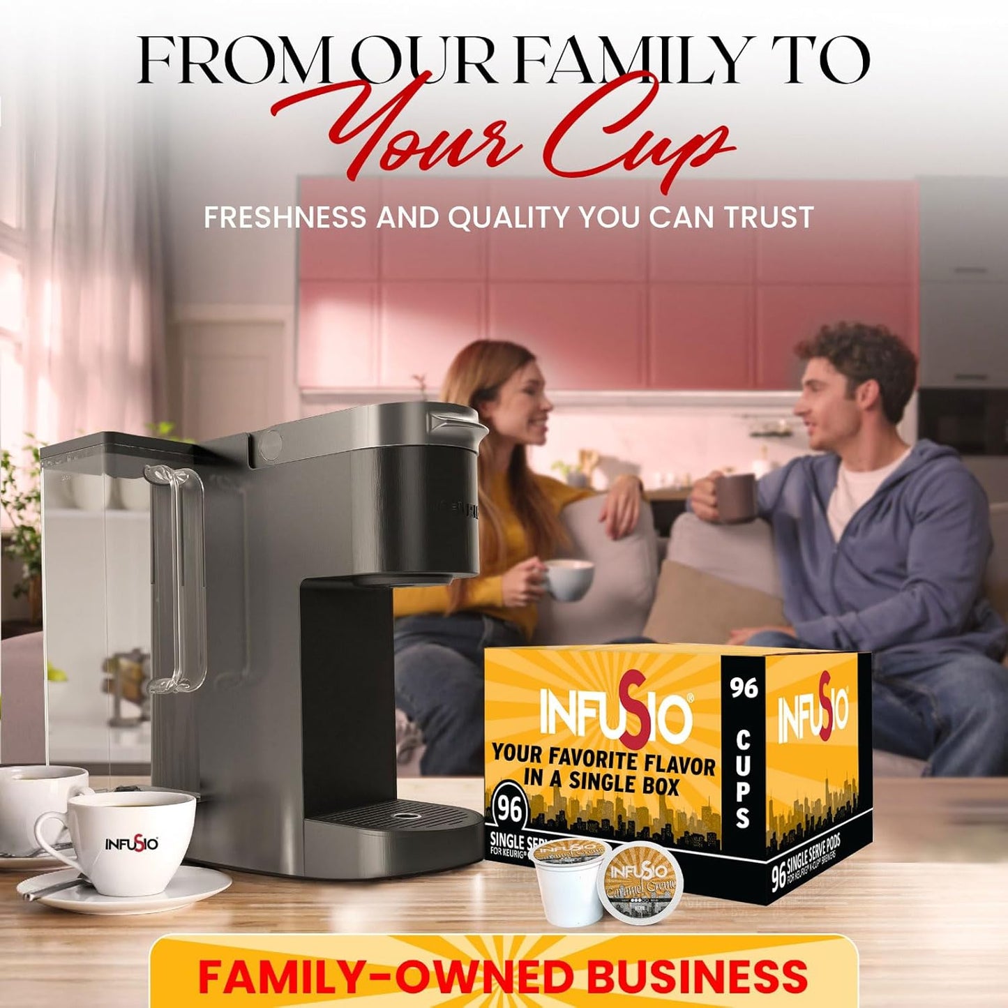 InfuSio Coffee Pods 96 Count - Caramel Crème, Medium Roast Single Serve Coffee Pods for Keurig K Cups Brewers - InfuSio Premium Roasted Keurig 2.0 Compatible