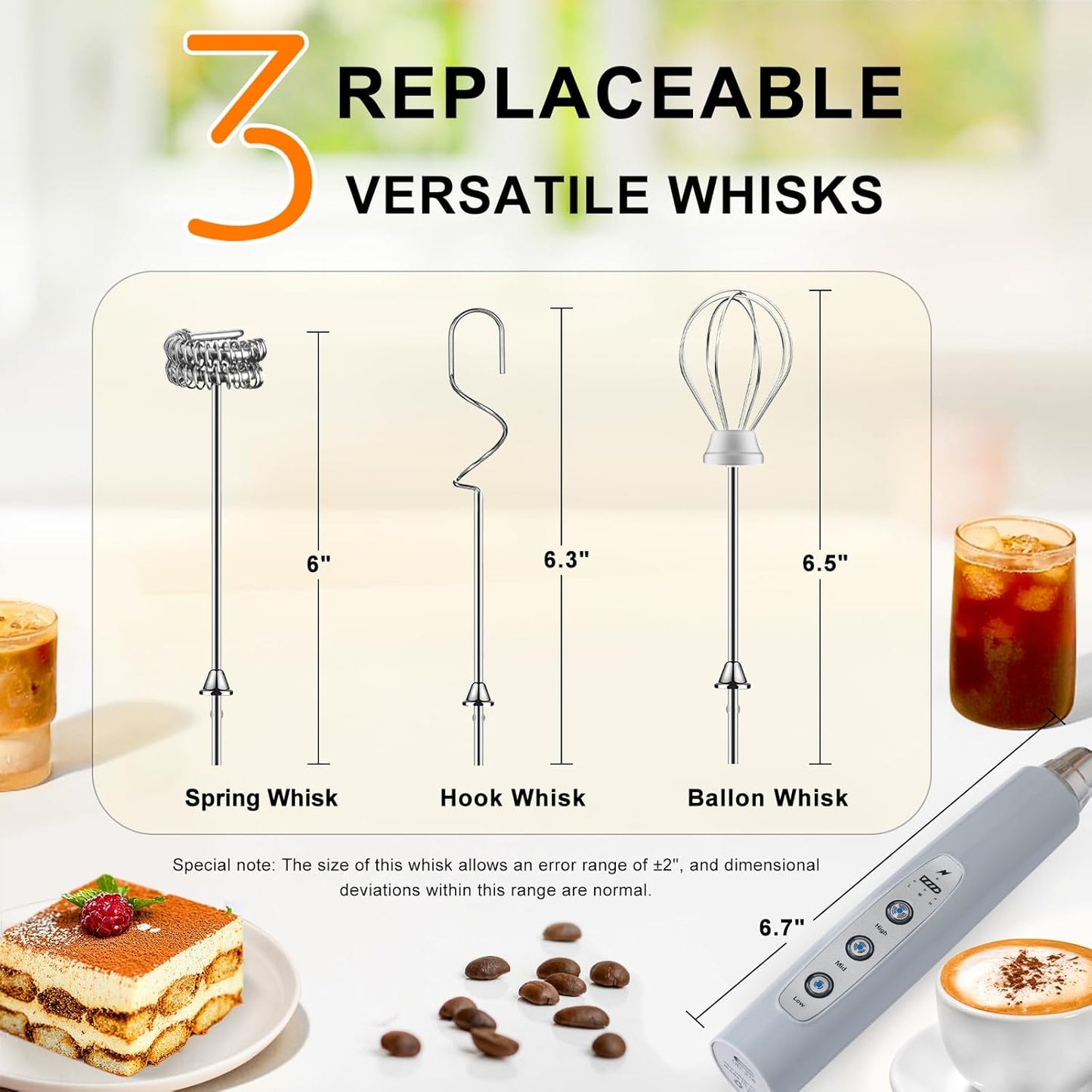 YUSWKO Handheld Milk Frother for Coffee, Rechargeable Drink Mixer with 3 Heads 3 Speeds Electric Whisk Coffee Frother For Latte, Cappuccino, Hot Chocolate, Egg - Cement Gray