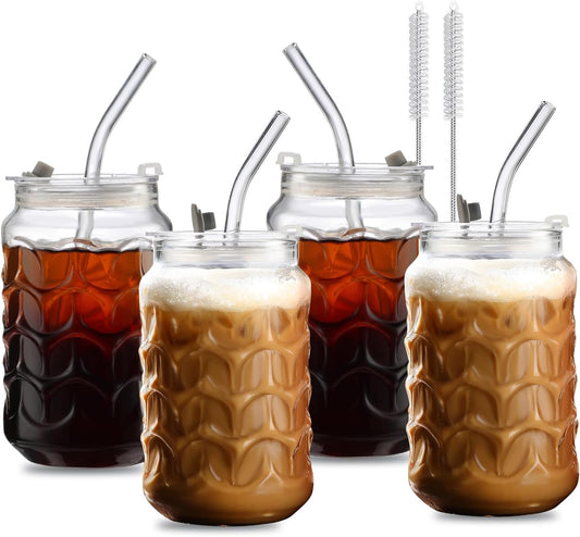 Jiuchen 4-Pack 18oz Borosilicate Glass Cups with Leakproof Lids & Straws,Multi-Use Tumblers for Office and Home - Iced Coffee, Smoothies, Cocktails, Juice, Iced Tea & Protein Shakes, Dishwasher Safe