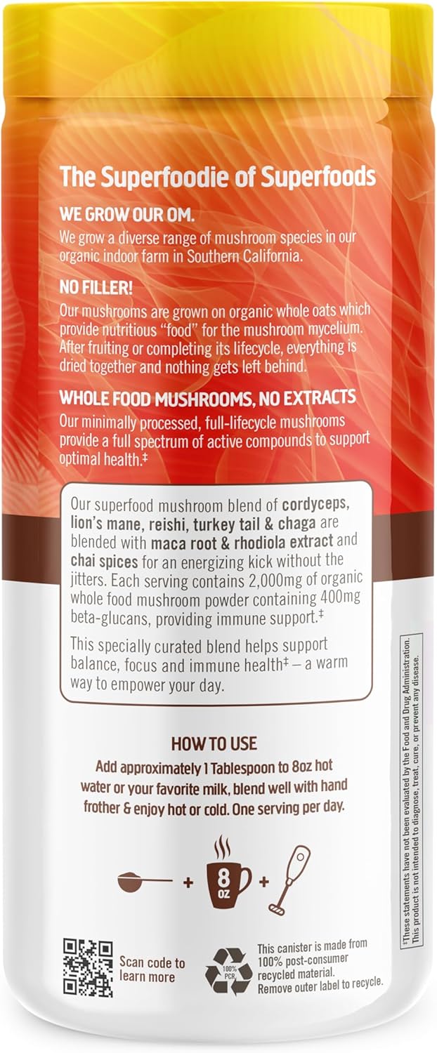 OM MUSHROOM SUPERFOOD Morning Energy Blend Mushroom Powder Drink, 8.47 Ounce Canister, Coffee Free Energy Drink with Cordyceps, Vitamin D2, Agaricus Bisporus, Lion's Mane, Rhodiola, and Turkey Tail