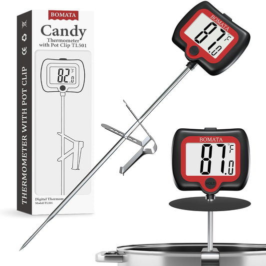 BOMATA Digital Candy Thermometer with Pot Clip, Deep Fry Oil Thermometer with Rotatable Display & Long Probe, for Candy Candle Making, Cooking, Food, Liquids, Water, Sugar.. Black