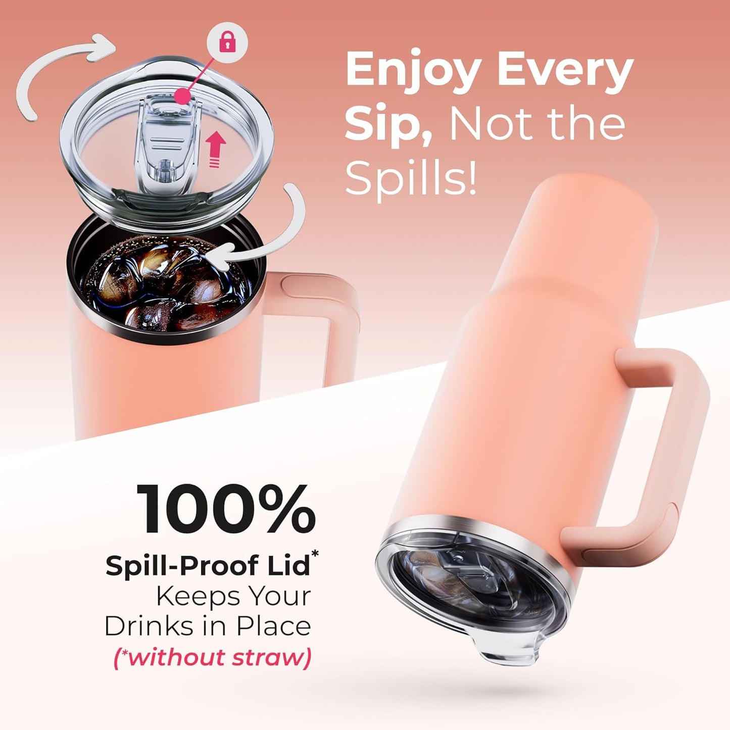 40 oz Tumbler With Handle and Straw Made of Stainless Steel - Double Wall Vacuum Insulated Tumbler With Lid - Sweat Proof Easy Grip, BPA-Free, Dishwasher Safe Tumbler (Peach)
