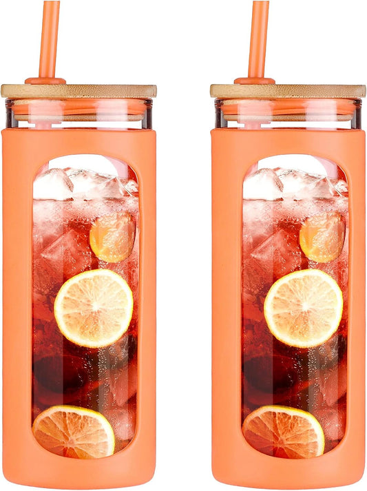 Kodrine 20oz Glass Tumbler with Straw and Lid, Bamboo Lids Water Bottle, Reusable Iced Coffee Cups, Wide Mouth Smoothie Cup with Protective Silicone Sleeve BPA FREE-Orange-2pack