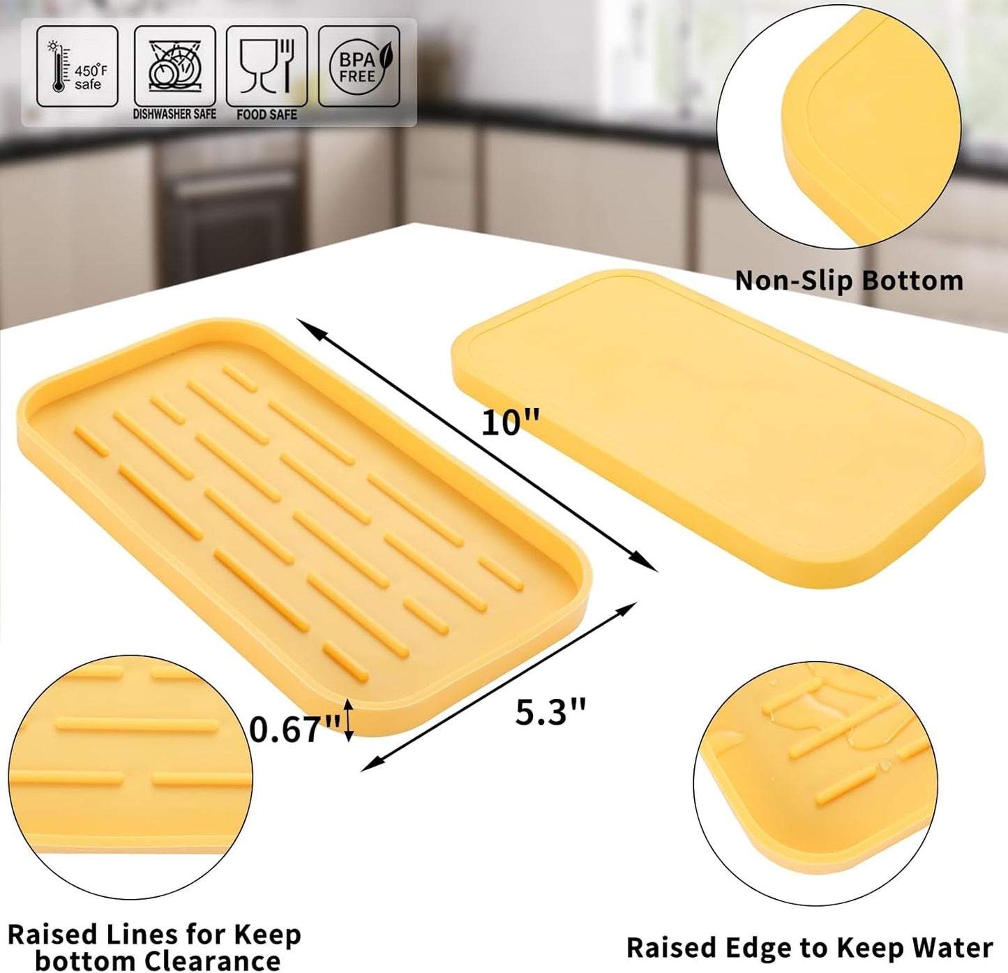 Silicone Kitchen Sink Organizer Tray for Multiple Usage,Easy Clean,Eco-Friendly Sponges Holder for Kitchen Bathroom Counter or Sink,Dish Soap Dispenser,Scrubber,Bottle,Cup Yellow 10”x 5.3”