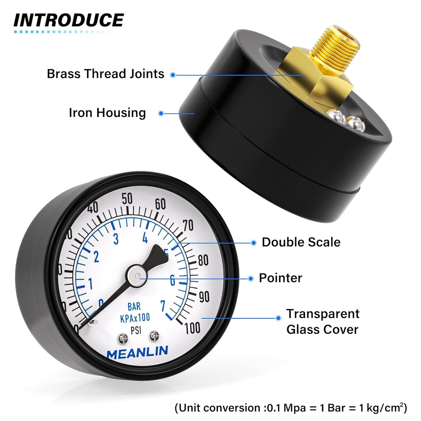 MEANLIN MEASURE 0-100Psi 2" DIAL FACE 1/8" NPT Well Pump Pressure Gauge, with 1/4" NPT and 3/8" NPT Hex Bushing, 3-2-3% Accuracy, Center Back Mount