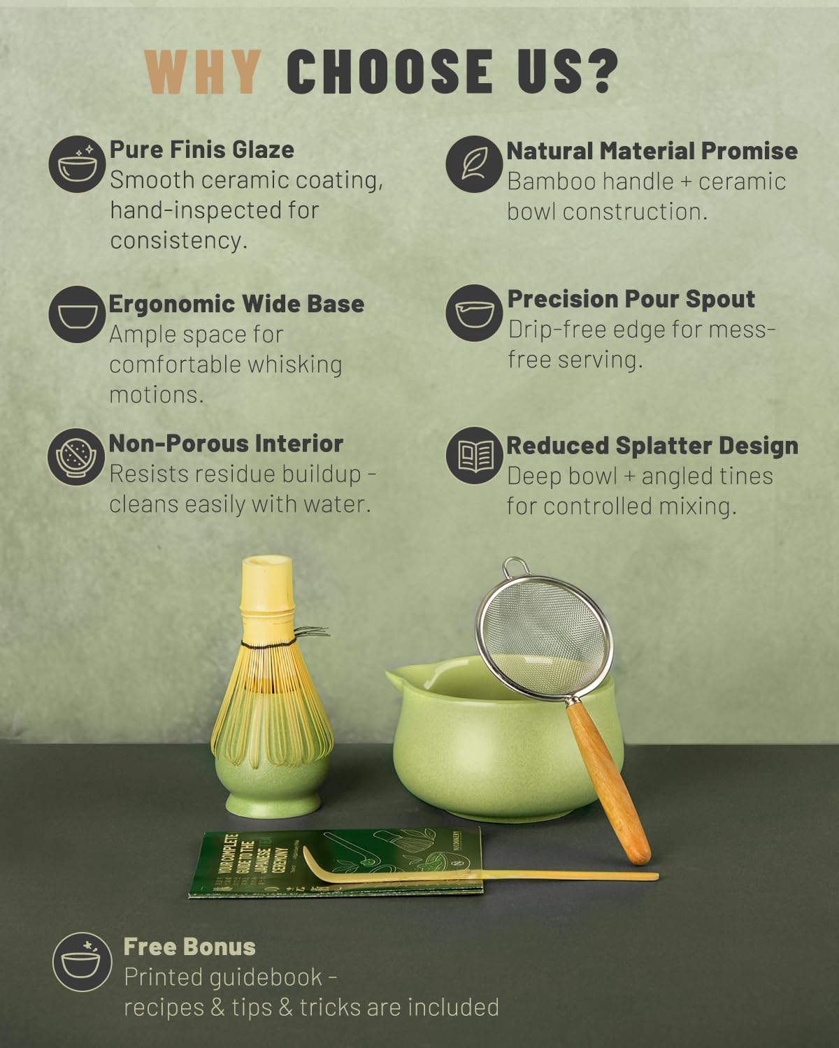 Nucookery Matcha Set - 6 PCS Matcha Whisk Set, 18OZ Matcha Bowl (Chawan) with Spout, Matcha Whisk (Chasen) and Holder, Bamboo Matcha Scoop and Sifter, Matcha Kit/Tools/Accessories for Tea Ceremony