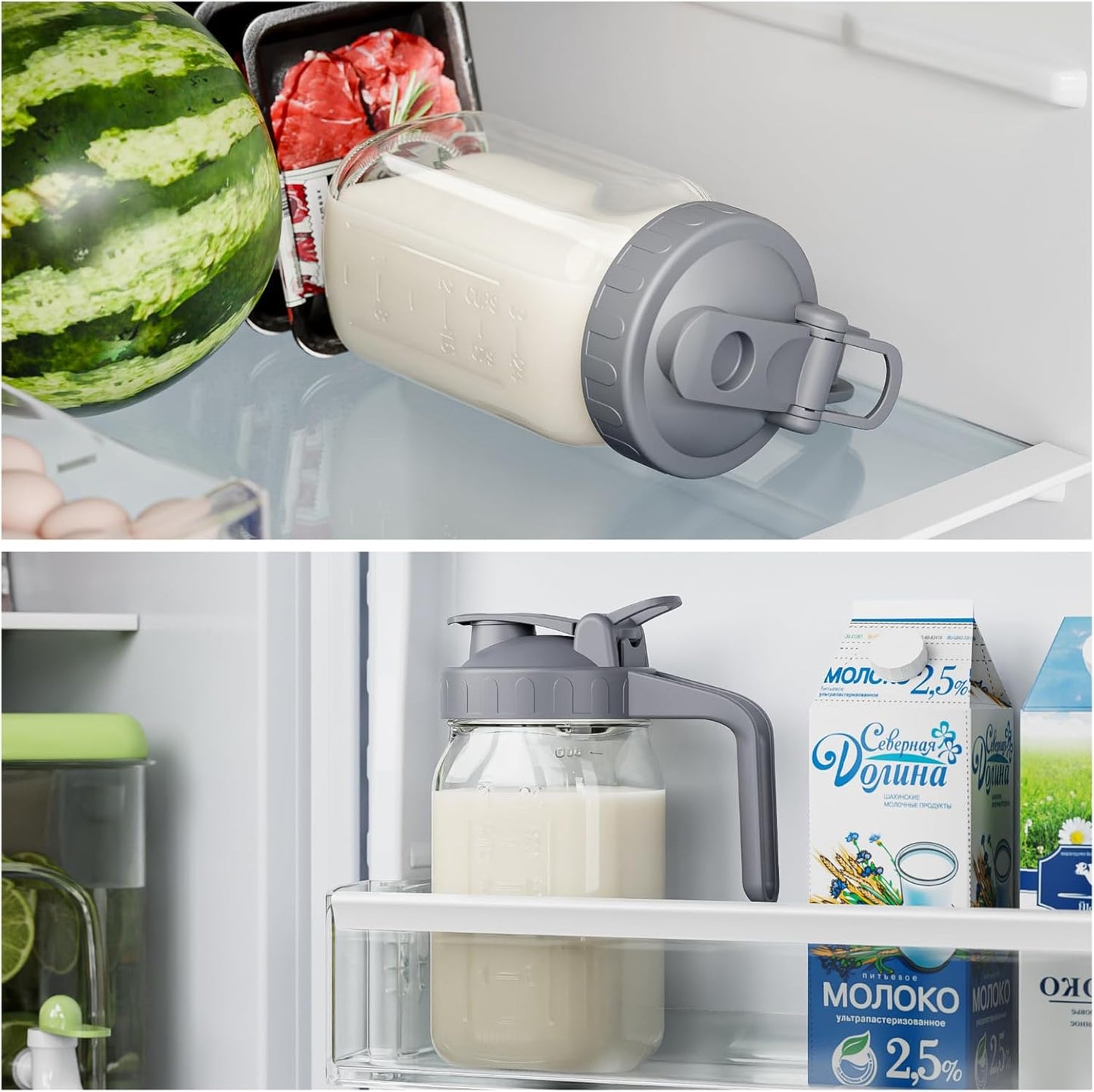 Breast Milk Pitcher Jug - 32 oz Glass Mason Jar Airtight Pitcher with Pour Spout Handle for Breastmilk, Iced Tea, Ice Drinks Storage Container