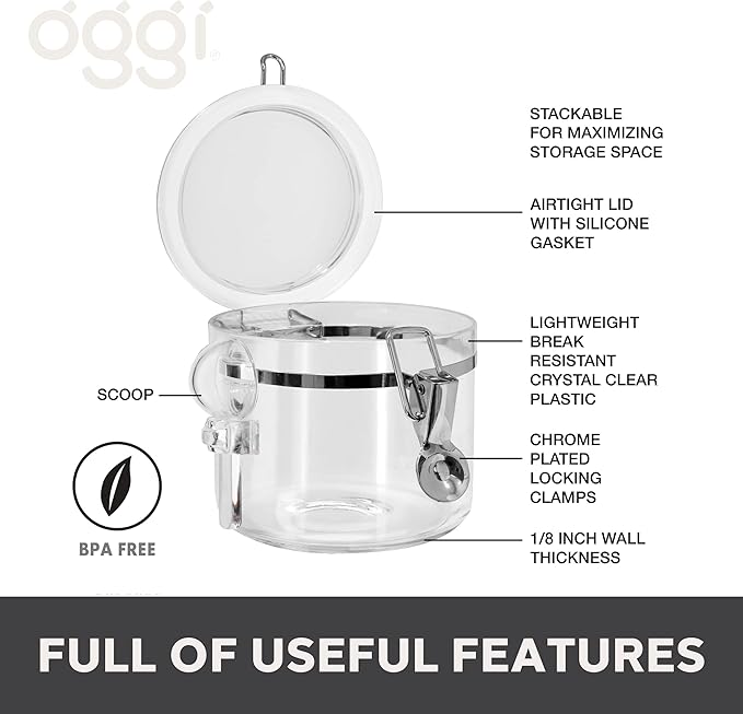 OGGI Clear Canister Airtight 28oz - Clamp Lid & Spoon - Airtight Food Storage Containers, Ideal for Kitchen & Pantry Storage of Bulk, Dry Food Including Flour, Sugar, Coffee, Rice, Tea, Spices & Herbs