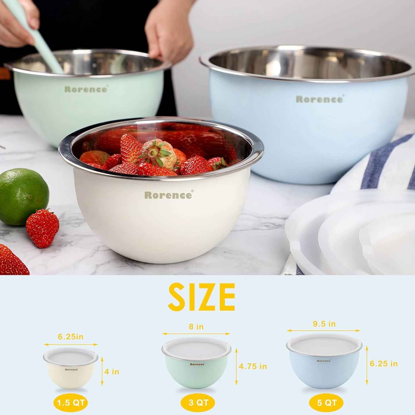 Rorence Stainless Steel Mixing Bowls: Color Painting Metal Mixing Bowl Set with Lids Nesting Bowls for Kitchen Set of 3
