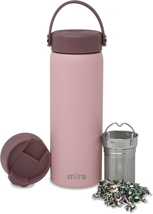 MIRA 18 oz Tea Infuser Thermos - Stainless Steel Travel Bottle with Removable Strainer for Loose Leaf Tea - Insulated Hot & Cold Brew Steeper - Punch Pink
