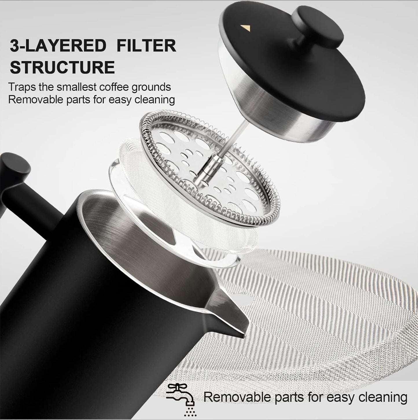 Secura French Press Coffee Maker with 3-Layer Stainless Steel Filter, 34 oz Black, Double-Walled Insulated Design with 2 Extra Filters