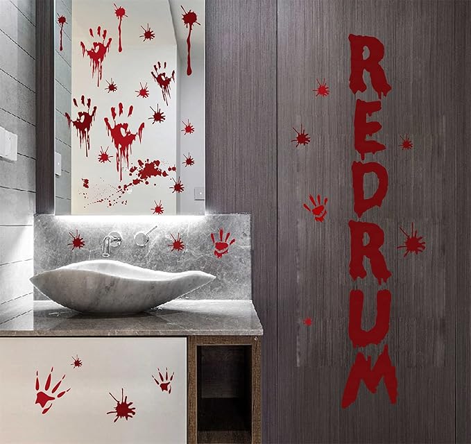 Halloween Redrum Murder Wall Decal Horror Ghost Hand Wall Decals Halloween Blood Splatter Decals Removable Peel and Stick Walls Stickers for Haunted House Party Window Decor
