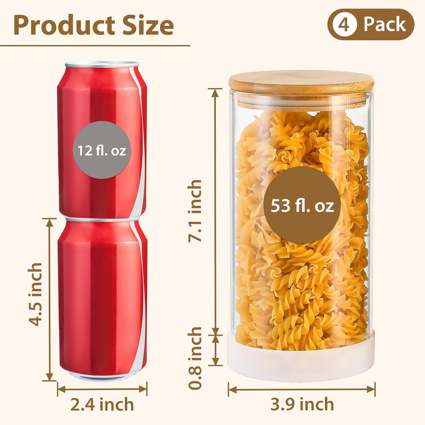 53oz Round Glass Storage Containers with Bamboo Lids – 4 Pack Large Airtight Glass Jars for Pantry Organization, Kitchen Dry Food, Flour, Cereal, Coffee Beans & Staples