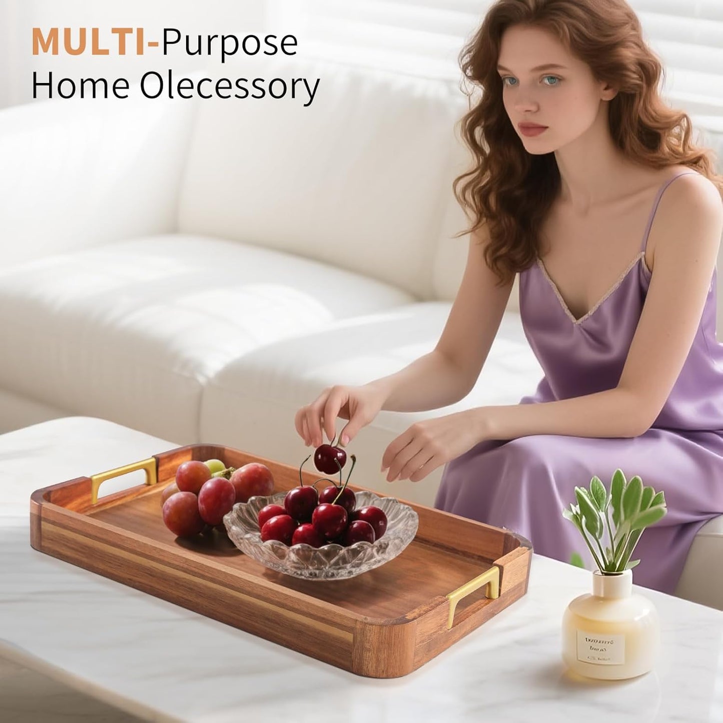 Acacia Wood Serving Tray with Metal Handles, 17x12in Food Drinks Tray for Coffee Table, Breakfast, Dinner & Bar, Rustic Decorative Storage Tray for Ottoman, Kitchen, Parties